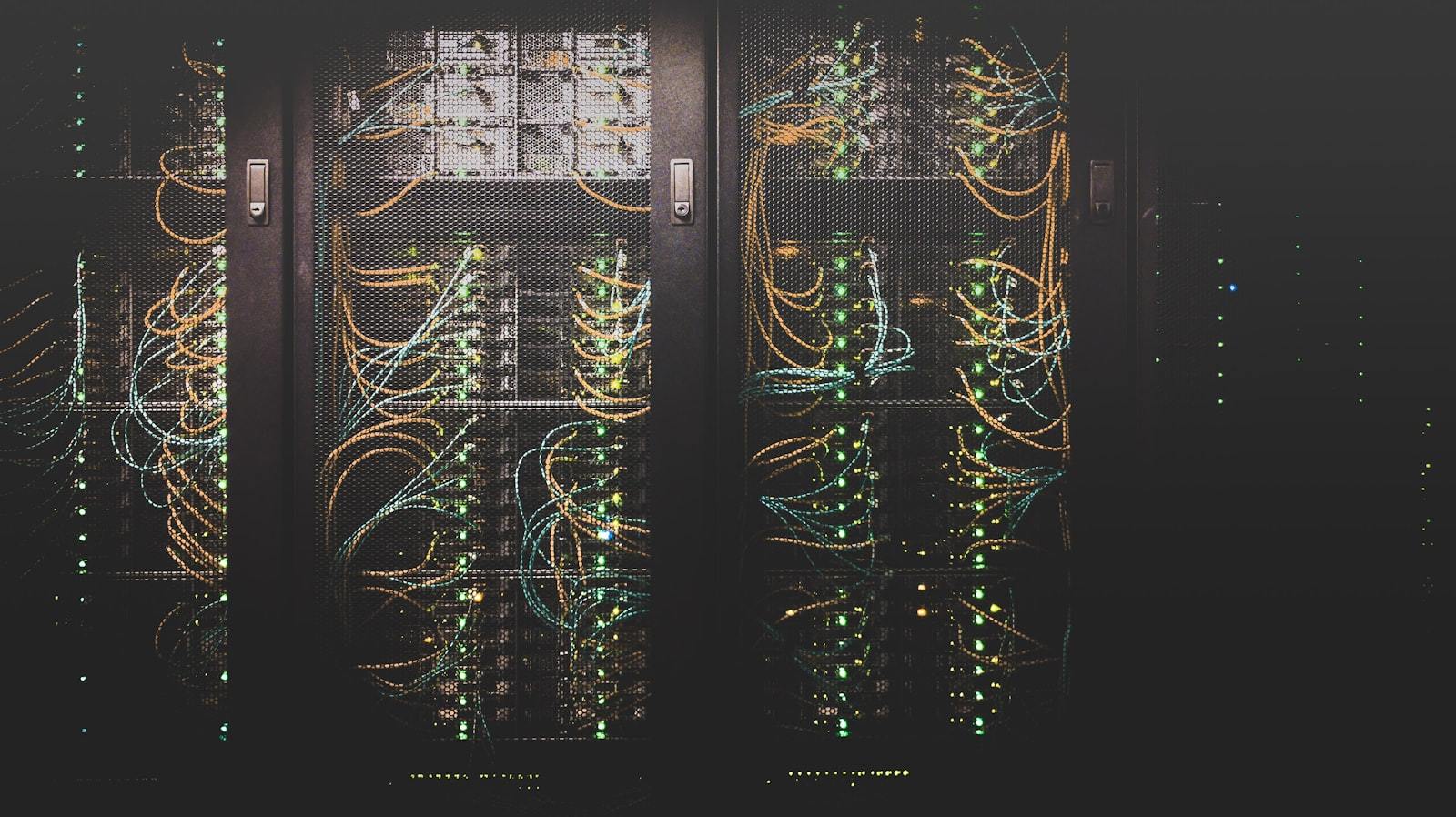 Rows of server racks in a colocation facility.