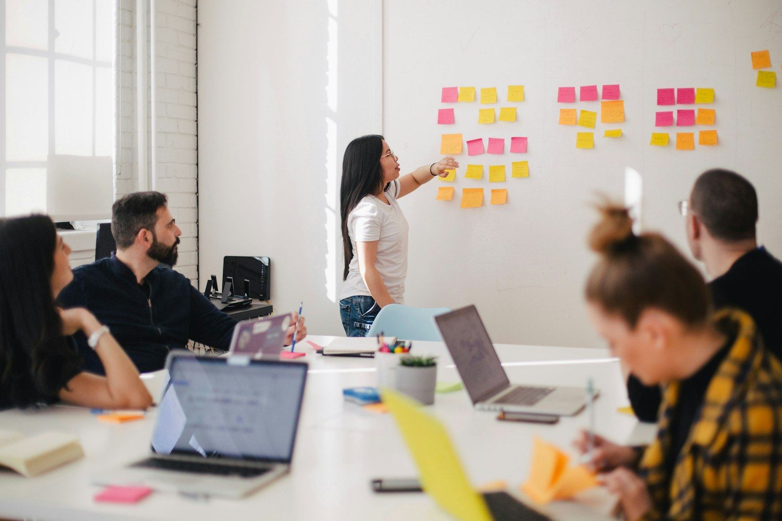 A team mapping a process on a wall of notes.